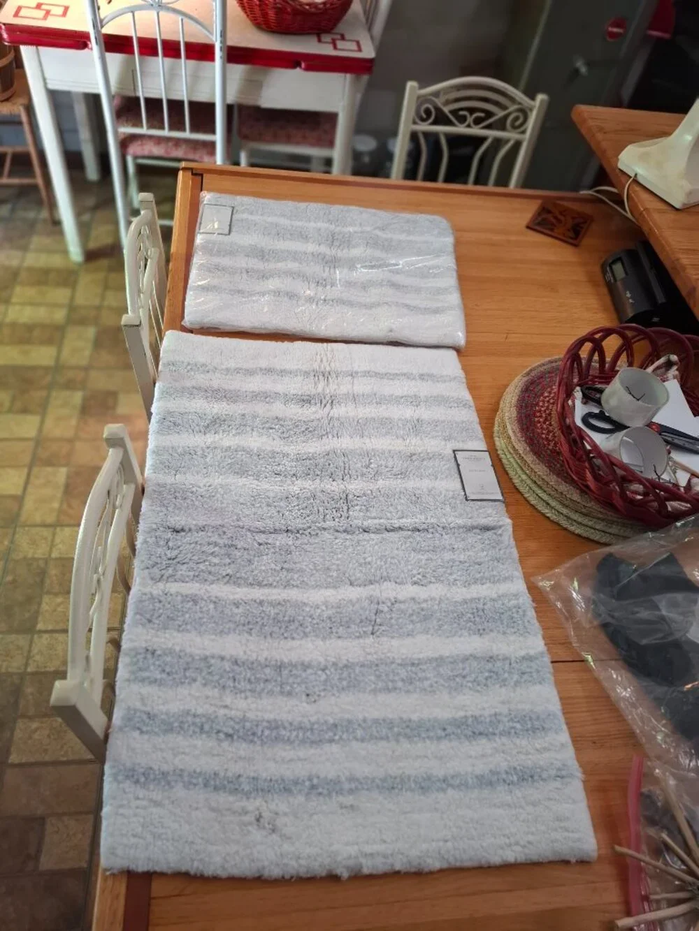 Two 20 x 32 Threshold Gray/Blue & White Stripe Bath Bathroom Rugs NWT
